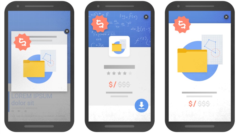 Popup timing: Three smartphones display app screens with yellow folders, charts, and price tags. The first shows an ad pop-up, the second highlights an app to download, and the third displays a paid/downloaded status.