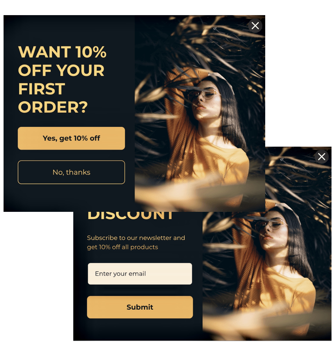 Email marketing: Two overlapping pop-up windows offer a 10% discount for first orders, featuring a woman in sunglasses and a yellow shirt. One window has “Want 10% off your first order?” and buttons to accept or decline the offer.