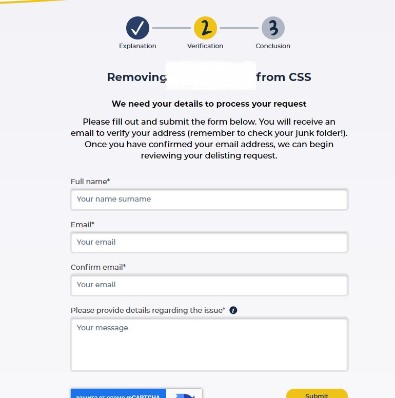 Email blacklist: A web form page titled Removing [redacted] from CSS with sections for name, email, confirmation email, and a message. Steps include explanation, verification, and conclusion. A note instructs users to verify their email address.