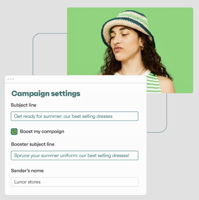 Email marketing: A woman in a striped tank top and bucket hat poses with closed eyes. In front, an email campaign settings window displays fields for a summer dress promotion, including subject lines and the senders name, Lunar stores.