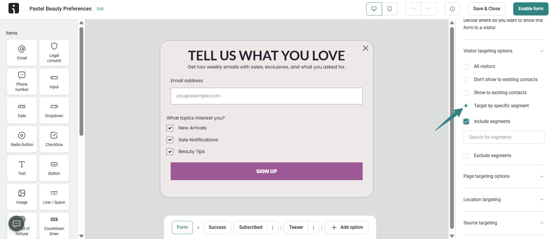 Popup timing: A user interface screen shows a pop-up form titled TELL US WHAT YOU LOVE, asking for an email address and topic preferences, with a purple “SIGN UP” button. Various editing options are visible on the surrounding dashboard.