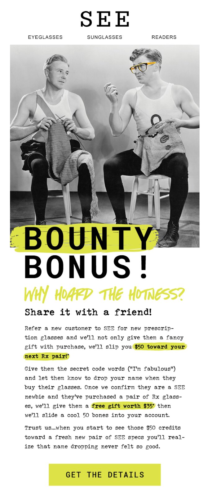 Ecommerce customer acquisition: Two people wearing glasses and casual outfits sit side by side, laughing and tugging on a scarf. Promotional text highlights a “Bounty Bonus!” referral offer for eyewear, with bold yellow accents and a “Get the Details” button at the bottom.