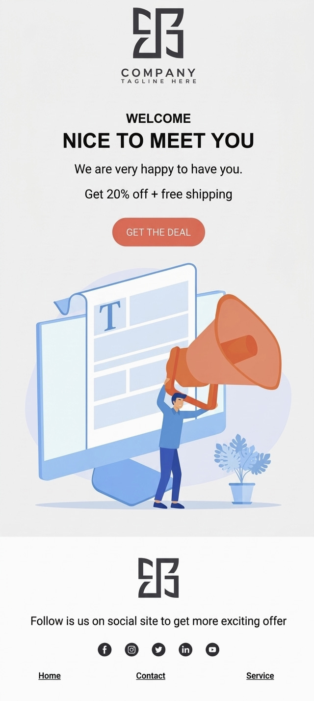 Email marketing: An illustrated welcome email from a company offers 20% off and free shipping, featuring a person with a megaphone in front of a computer screen. Social media icons and contact options appear at the bottom.