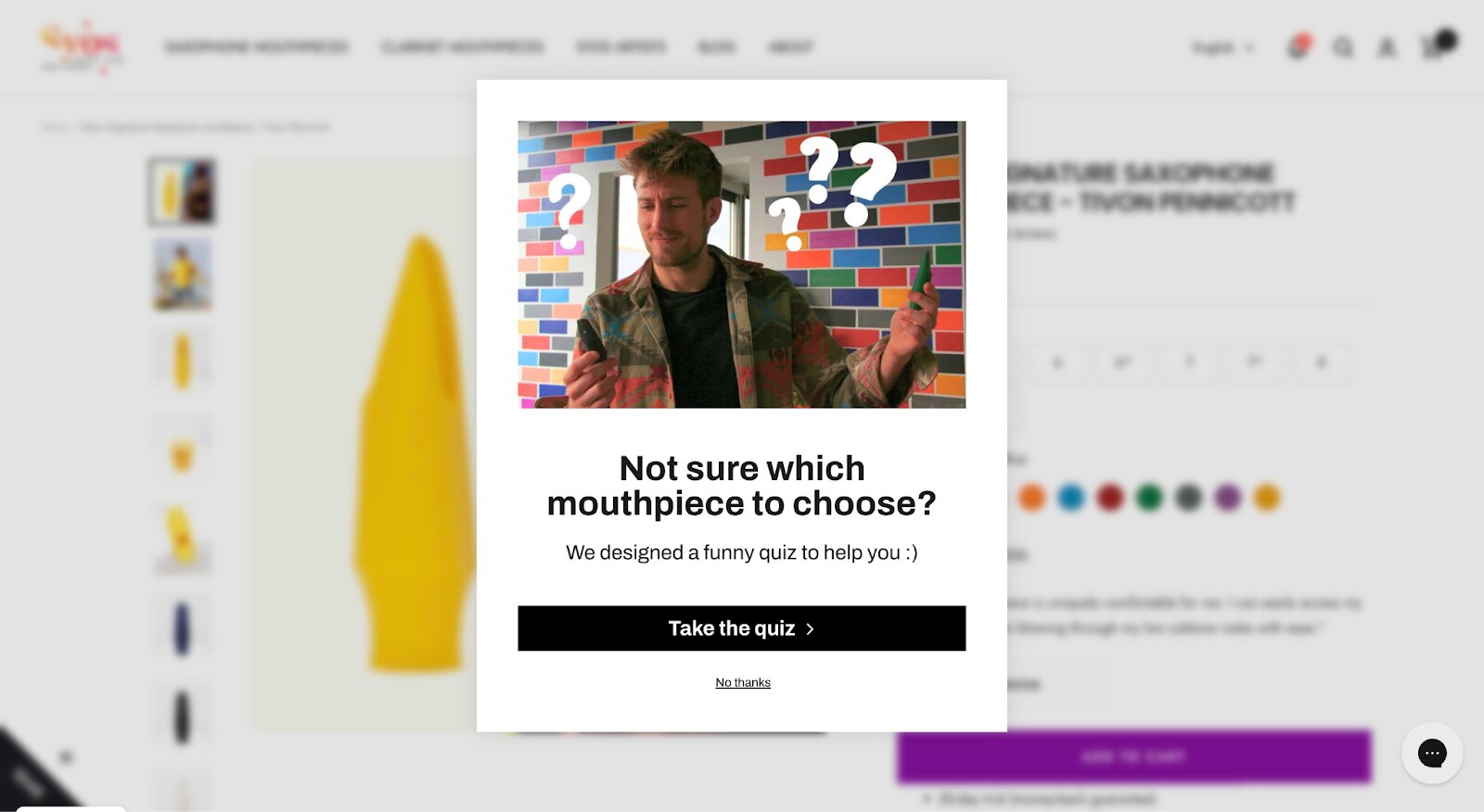 Ecommerce customer acquisition: A pop-up on a website shows a man standing in front of a colorful brick wall, holding two objects and looking confused with question marks above his head. The text asks which mouthpiece to choose and invites users to take a quiz.