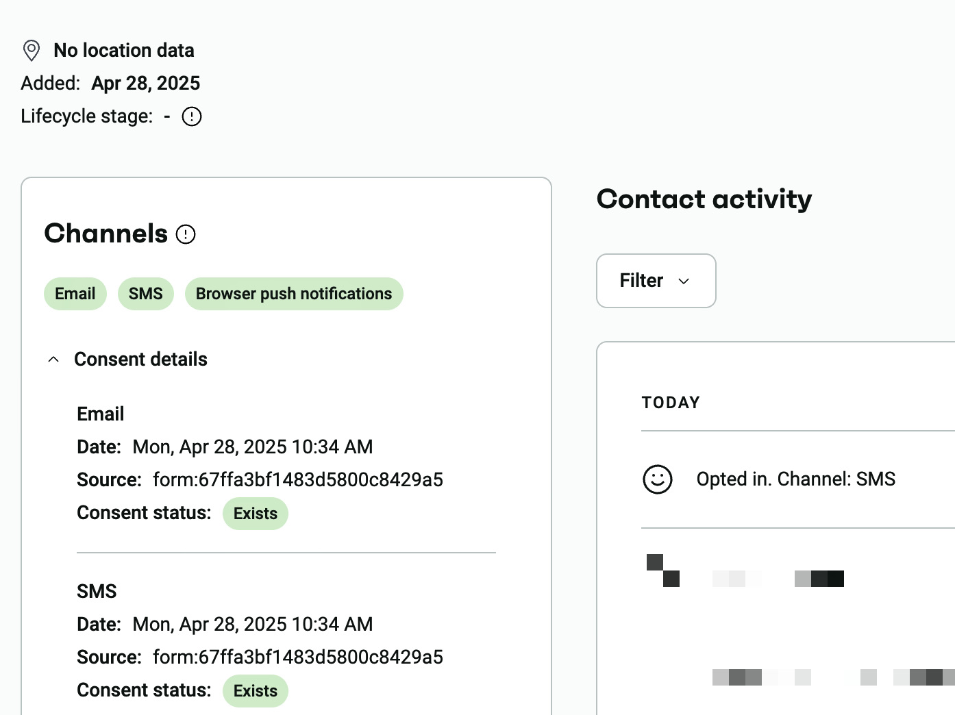 SMS regulations: Screenshot showing user consent details for email and SMS channels, both with status Exists. It also shows recent contact activity, indicating the user opted in via SMS. No location data is available.