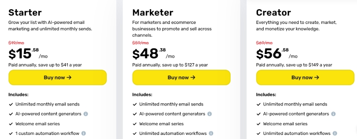 Drip alternatives: Three subscription plans—Starter ($15.58/mo), Marketer ($48.38/mo), and Creator ($56.58/mo)—display features like unlimited emails and AI tools. Each plan includes a yellow Buy now button and shows savings from original prices.
