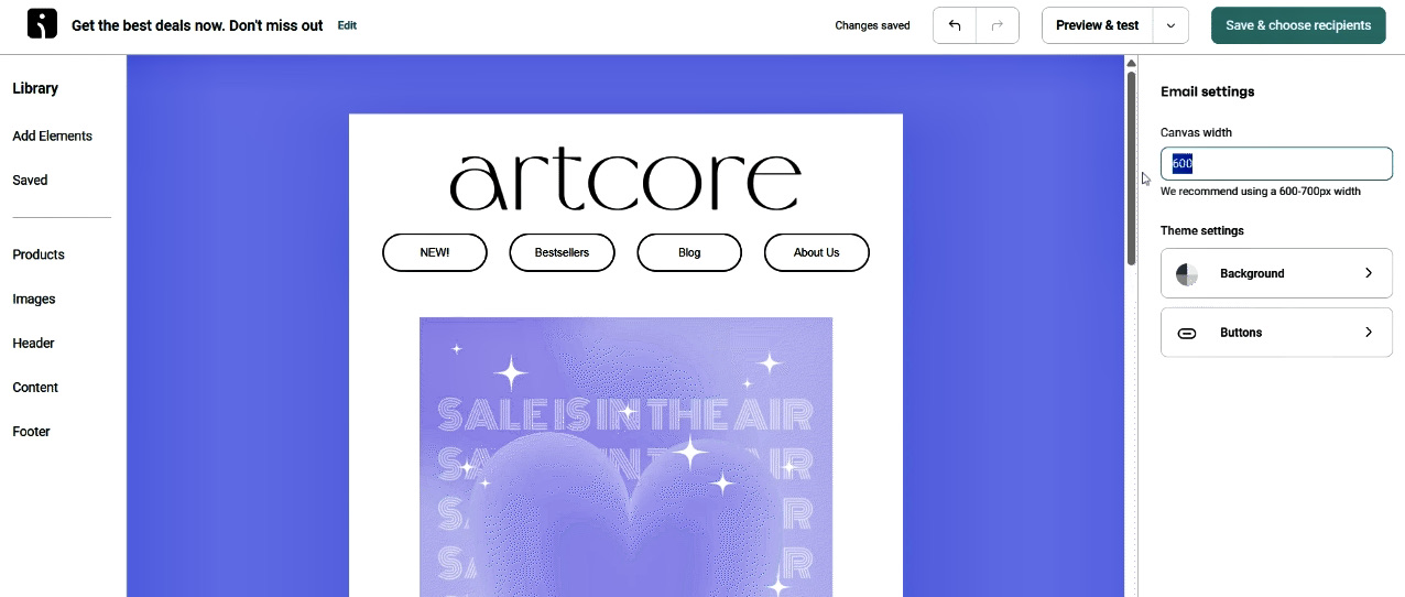 Email marketing: An email design editor displays a blue-themed template for artcore with navigation buttons and a banner reading SALE IS IN THE AIR. Sidebar options for adding elements and adjusting email settings are visible.