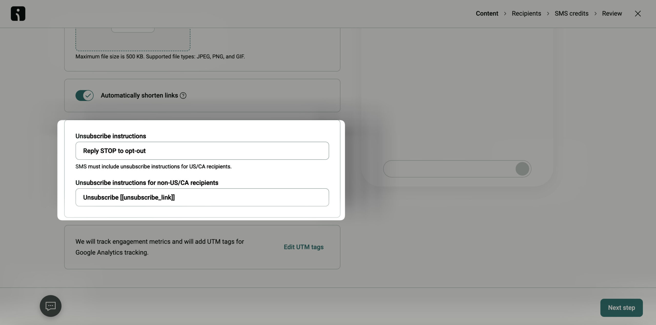 SMS regulations: A screenshot of a message editor showing unsubscribe instructions: Reply STOP to opt-out for US/CA recipients, and Unsubscribe [unsubscribe_link] for non-US/CA recipients. The interface has a darkened background.