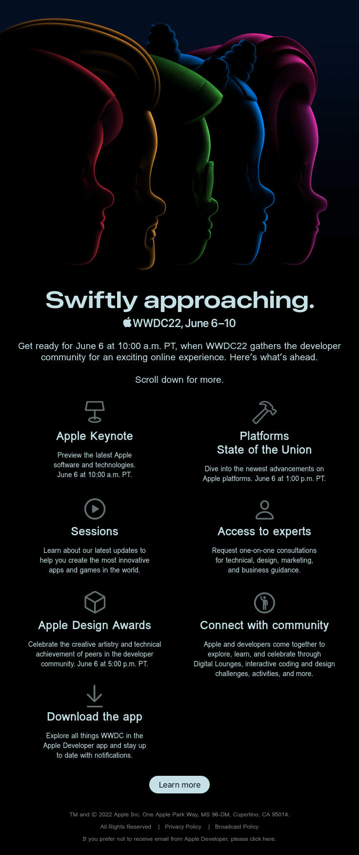 Event reminder email: WWDC22 promotional graphic featuring four colorful, overlapping profiles on a black background, event details, schedule highlights like Apple Keynote, Platforms State of the Union, sessions, Apple Design Awards, and app info.