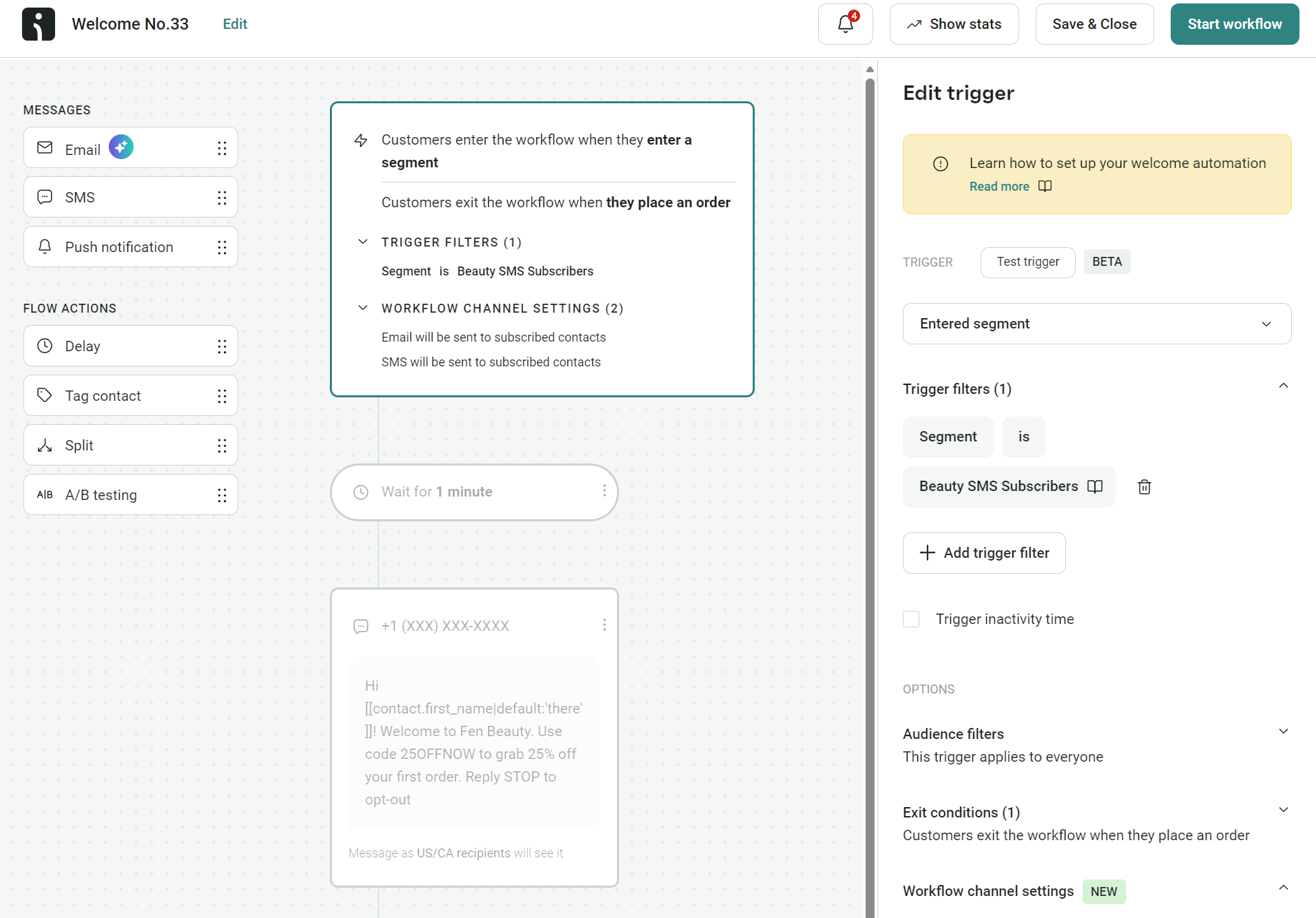SMS keywords: A workflow automation platform interface shows options to send messages via email, SMS, push notification, and more. The Edit trigger panel is open, displaying trigger filters and workflow settings for SMS subscribers.