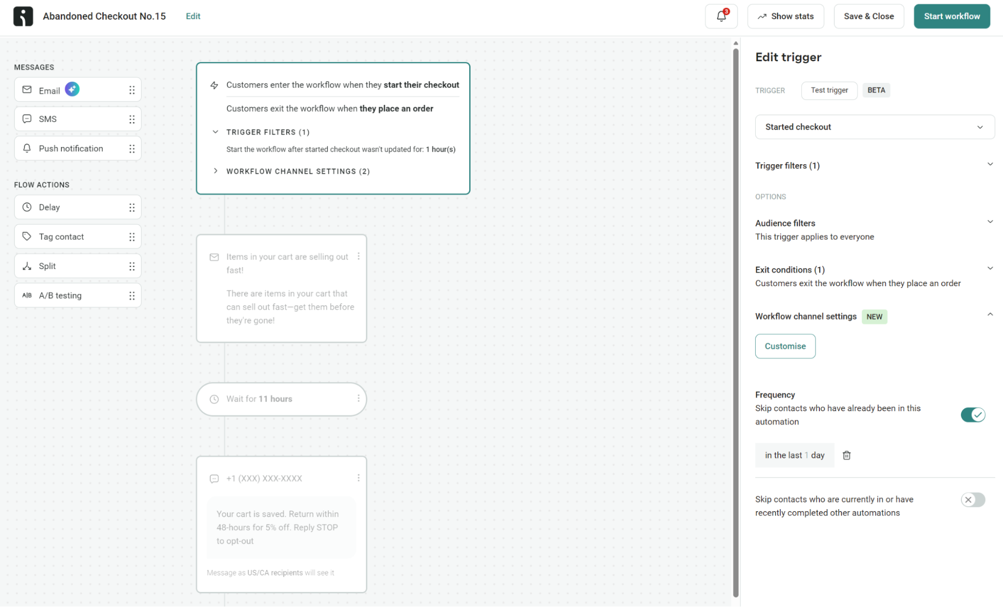 GetResponse alternatives: A marketing automation dashboard displays an abandoned checkout workflow. The steps include sending emails, applying triggers, setting audience filters, and waiting intervals. The right panel shows trigger settings for “Started checkout.”.