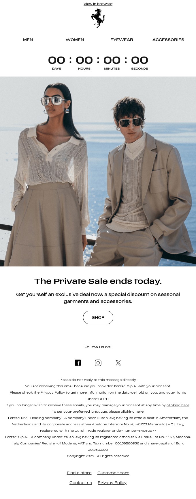 Limited time offer: A stylishly dressed man and woman pose outdoors by a railing, both wearing neutral-toned clothing and sunglasses. The banner above them reads The Private Sale ends today with a countdown timer at zero.