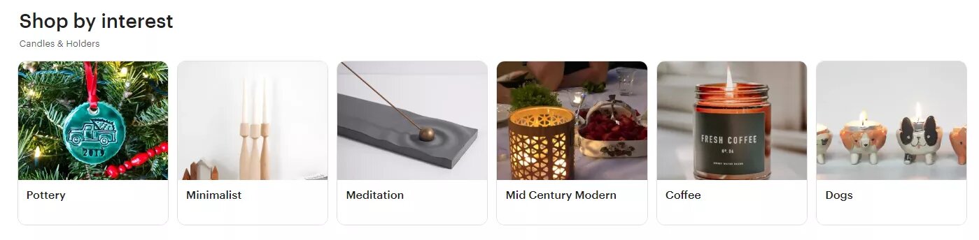 WooCommerce product image size: A row of six labeled images for shopping by interest: pottery ornament, minimalist candle holders, meditation incense holder, mid-century modern lantern, coffee-scented candle, and dog-shaped candles.