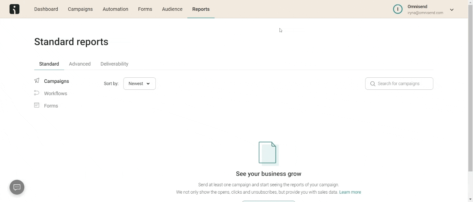Email deliverability: A cursor clicks Advanced under Standard reports. New options appear for Campaigns, Flows, and Forms. The Campaigns tab is opened, displaying filters for recipients, type, authors, and a list of email campaigns.
