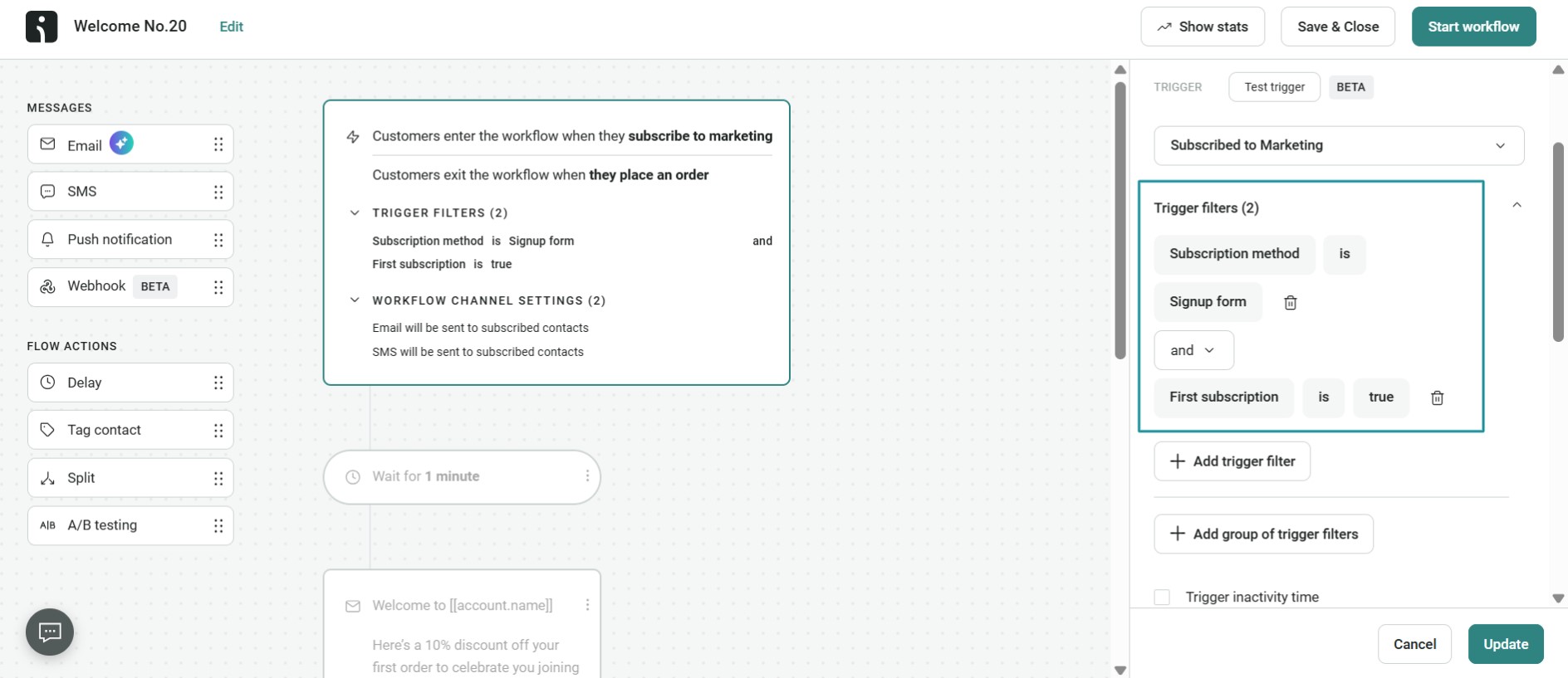 Email marketing for coaches: A workflow automation dashboard shows triggers for a “Welcome No.20” email campaign, with settings for subscription method, signup form, and first subscription filters displayed on the right side.
