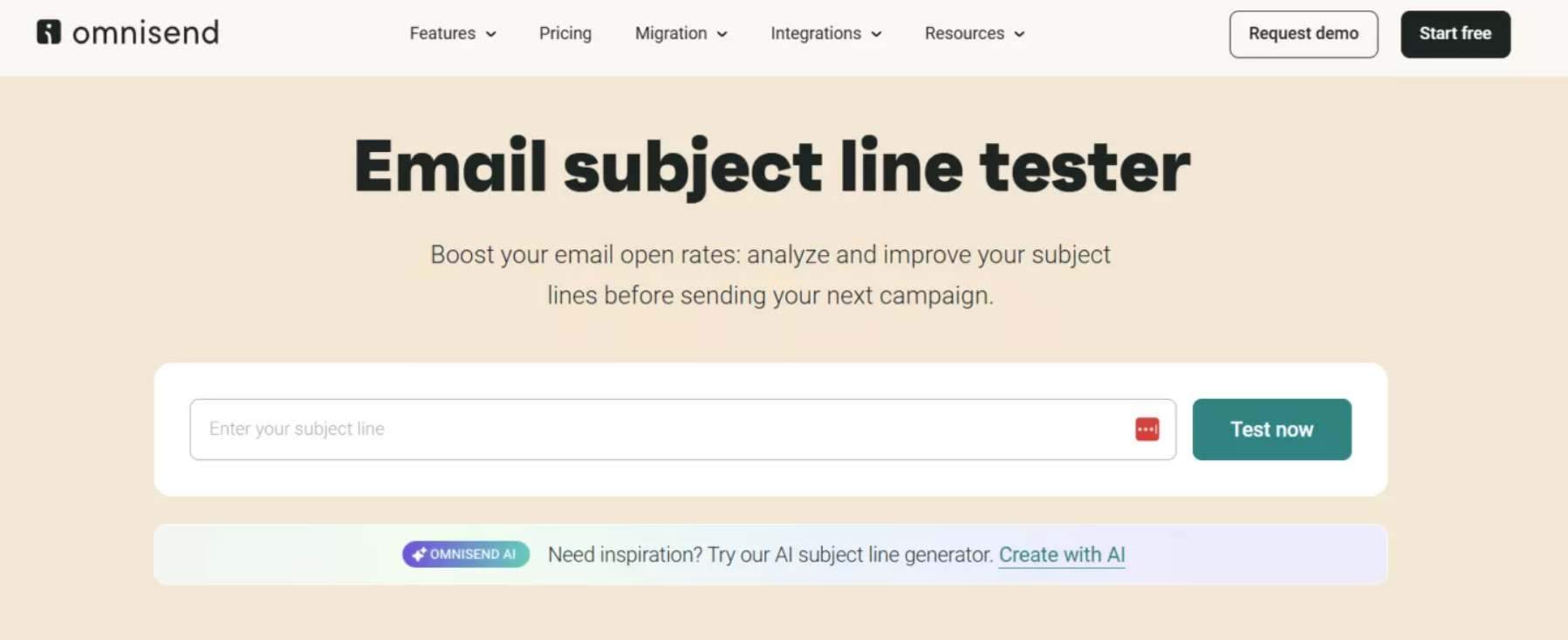 Open rate for email: Screenshot of Omnisend’s Email subject line tester web page, showing a text box to enter subject lines, a Test now button, and a banner suggesting an AI subject line generator.