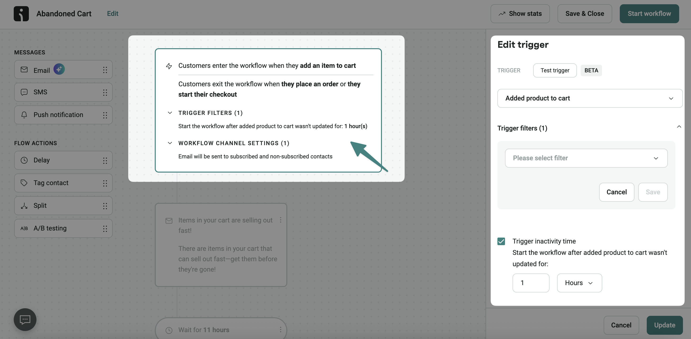 Unsubscribe rate: Screenshot of a workflow editor for an Abandoned Cart automation. A pop-up shows trigger details for when a product is added to the cart, with options to set trigger filters and timing on the right side panel.