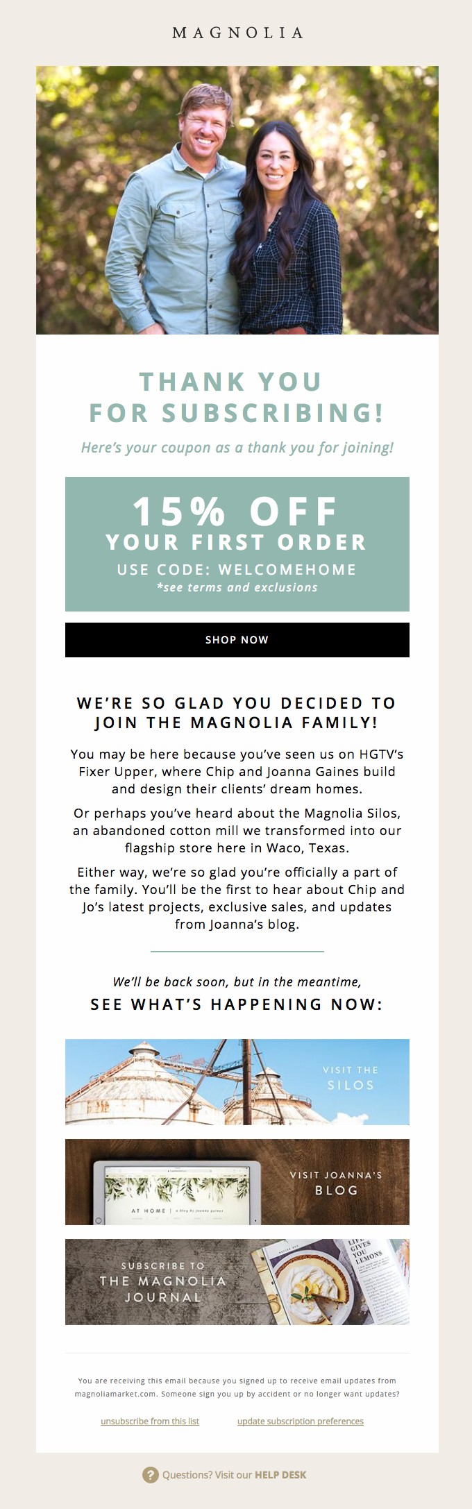 Thank you for subscribing: A Magnolia newsletter with a photo of a smiling man and woman outdoors at the top, a green banner offering 15% off with code, a welcome message, book promotions, and light brown section dividers.