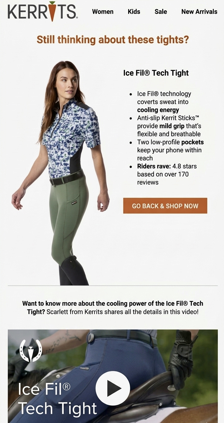 Email a/b testing: A woman in a blue patterned top and green riding pants models Kerrits Ice Fil® Tech Tights. Text highlights features like cooling energy, anti-slip knee grips, pockets, and a 4.8-star rider rating.