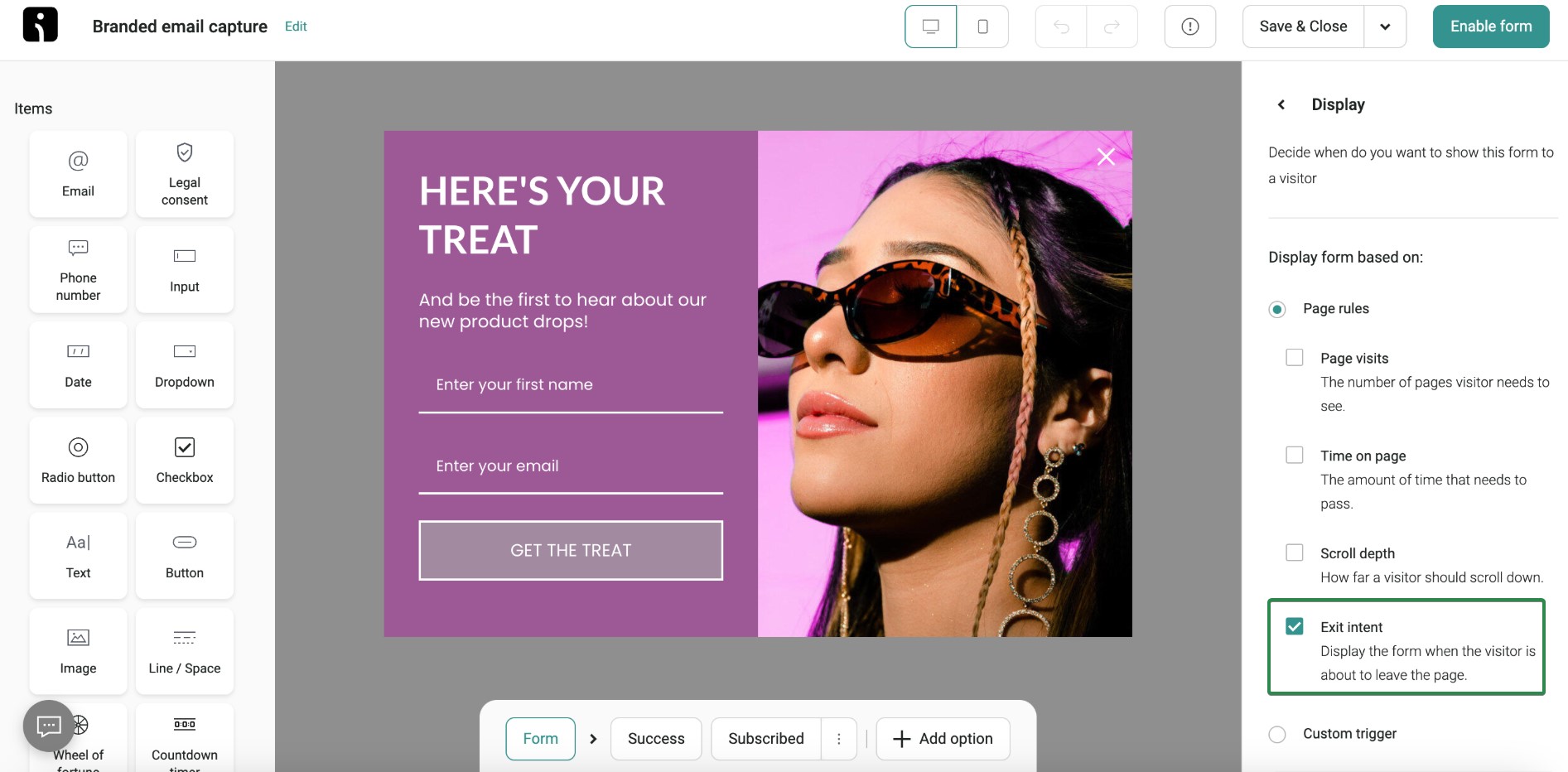 Popup timing: A website interface displays an email capture form with the text HERES YOUR TREAT and a photo of a woman in sunglasses. The form asks for a name and email, with a GET THE TREAT button. Editing options appear on the right.