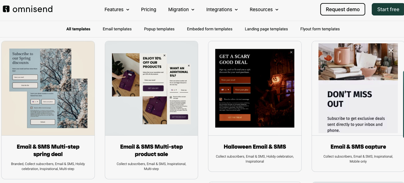 SMS regulations: A website page displays five email and SMS marketing templates with preview images and descriptions, including deals, product sales, Halloween, and FOMO capture, under the Omnisend platform header.