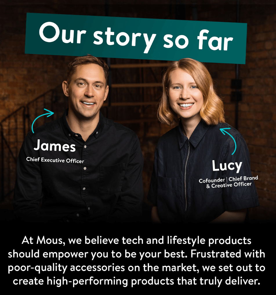Welcome email template: Two people, James (Chief Executive Officer) and Lucy (Cofounder, Chief Brand & Creative Officer), smile while sitting indoors. Text above reads Our story so far. Text below describes Mous’s mission to create quality tech and lifestyle products.