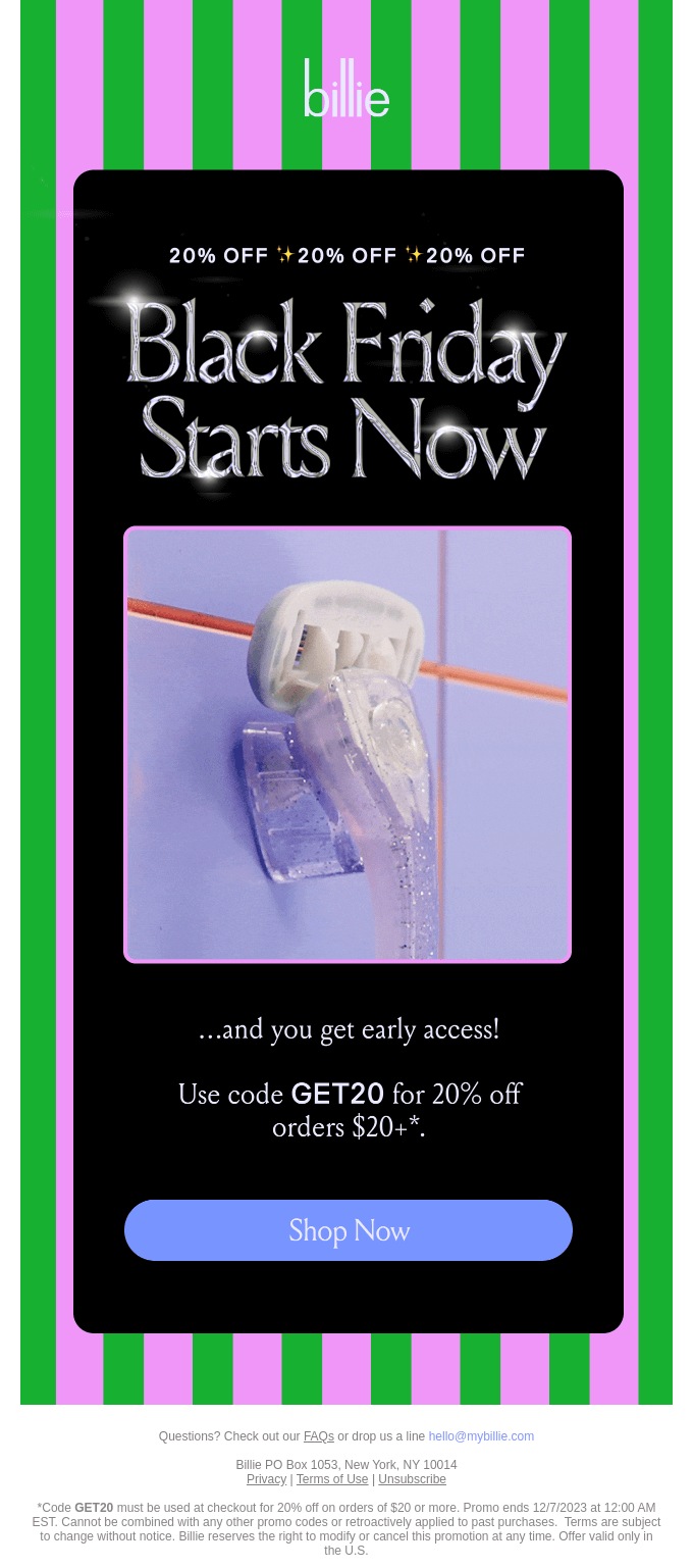 Limited time offer: Promotional ad for Billie’s Black Friday sale, offering 20% off orders over $20 with the code GET20. The image shows a razor on a shower wall, with “Black Friday Starts Now” in bold text above.