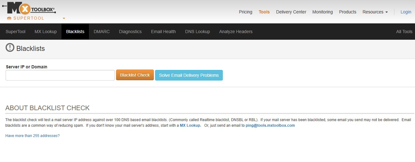 Email blacklist: Screenshot of the MXToolbox Blacklists page showing fields to enter a server IP or domain to check for blacklists, and buttons labeled Blacklist Check and Solve Email Delivery Problems.