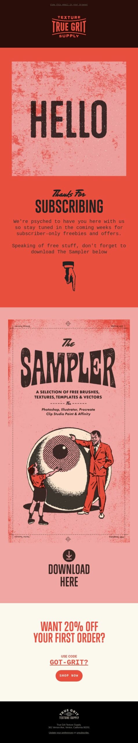 Thank you for subscribing: A retro-styled email newsletter with bold text reading HELLO, info about subscribing, a SAMPLER graphic with two illustrated people and a large vinyl record, and a 20% off discount offer at the bottom.