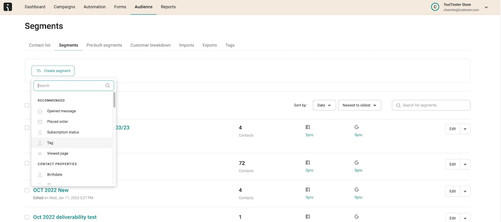 Best email subject lines: A dashboard screen displaying the Segments section of an email marketing platform. Multiple segments are listed with columns for contacts and sync status. A dropdown menu to create or search segments is open on the left.