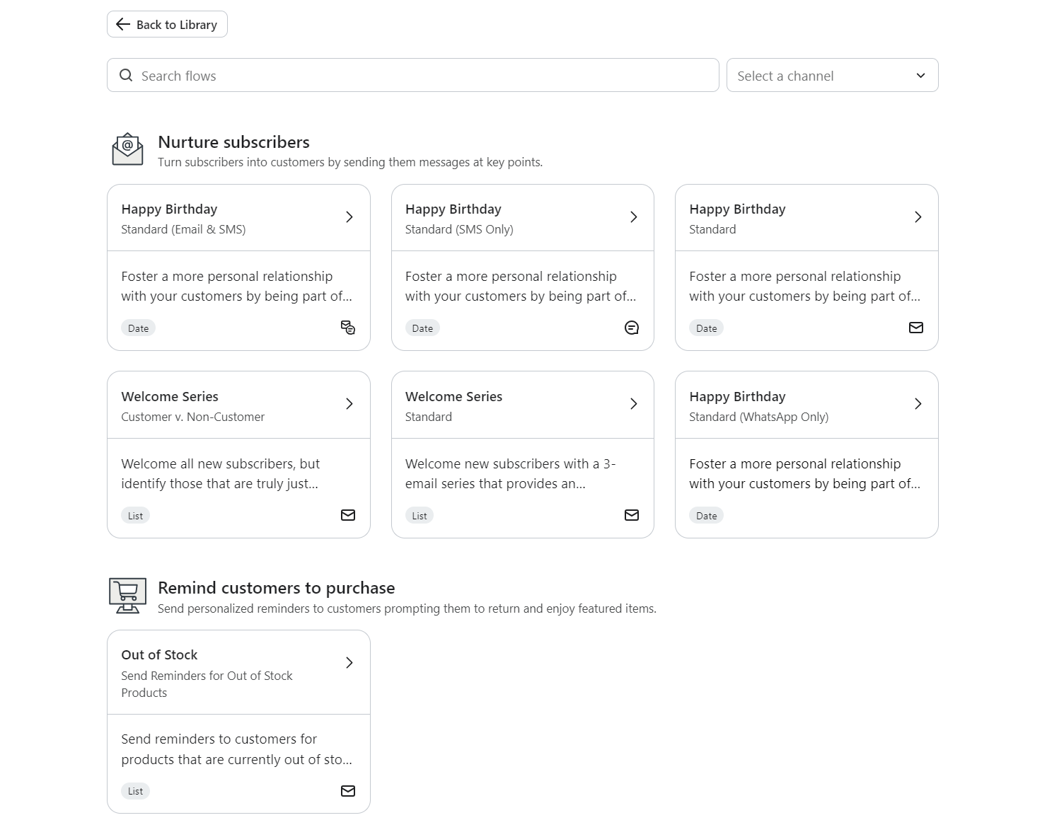 GetResponse alternatives: A dashboard showing message templates for customer engagement, categorized into nurture subscribers (Happy Birthday, Welcome Series) and remind customers to purchase (Out of Stock), each with brief descriptions and icons.