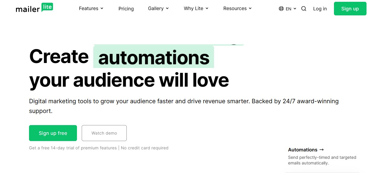 Moosend alternatives: MailerLite home page