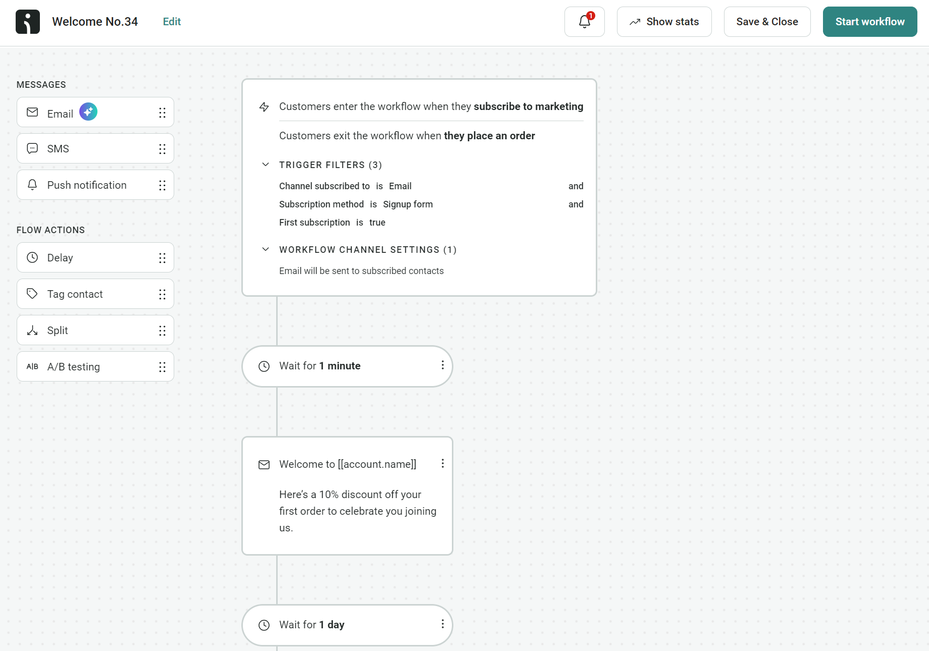 Welcome email template: Screenshot of a workflow automation interface showing a sequence: customers enter when subscribing to marketing emails, then receive a welcome email with a 10% discount, separated by time delays.