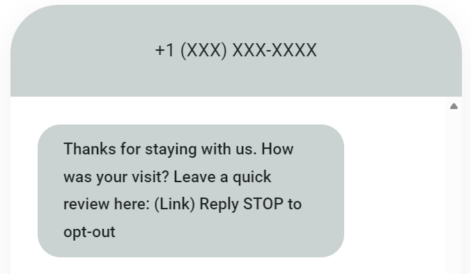 SMS marketing for hotels: A text message from a masked phone number thanks the recipient for their visit, asks for a quick review via a link, and offers the option to reply STOP to opt-out.