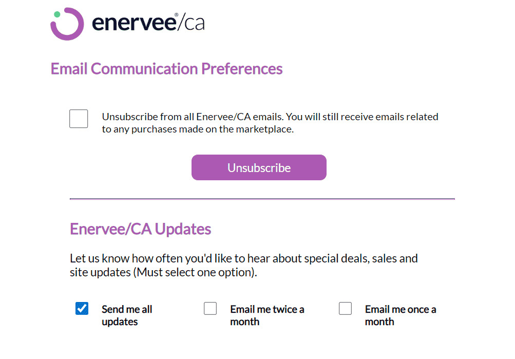 Email marketing mistakes: A form titled Email Communication Preferences from Enervee/CA showing an unsubscribe checkbox, an unsubscribe button, and update options: Send me all updates, Email me twice a month, and Email me once a month.