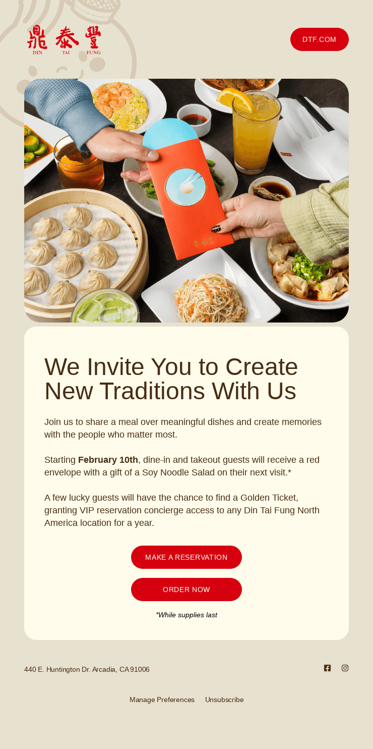 Local email marketing: A hand holds a red envelope over a table filled with Asian dishes, including noodles, dumplings, platters of food, and drinks, set for a group meal. A promotional message from Din Tai Fung is displayed below.