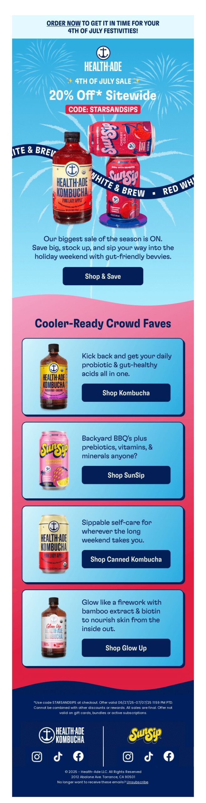 Limited time offer: A promotional email from Health-Ade advertises a 4th of July sale with 20% off kombucha. Featured flavors include Berry Lemonade, Strawberry Glow Up, Watermelon, and Red White & Brew. Multiple “Shop” buttons are shown.