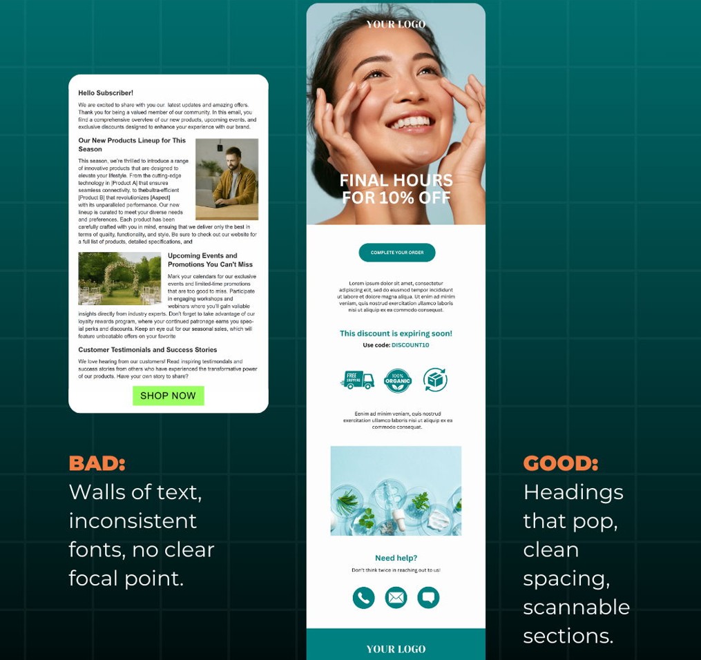 Email marketing mistakes: A comparison of two email designs: on the left, a text-heavy, cluttered email labeled BAD; on the right, a visually appealing email labeled GOOD, featuring clear headings, clean spacing, and a smiling woman.