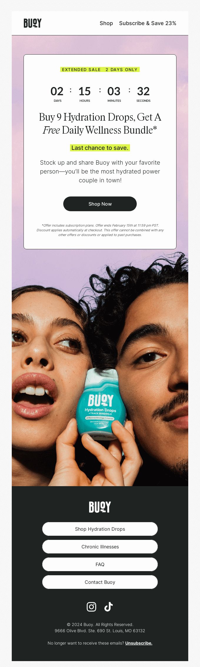 Limited time offer: A woman and man smiling and holding a blue bottle of Buoy Hydration. Above them, a promotion banner displays: “Buy 9 Hydration Drops, Get a Free Daily Wellness Bundle.” Website navigation buttons appear below.