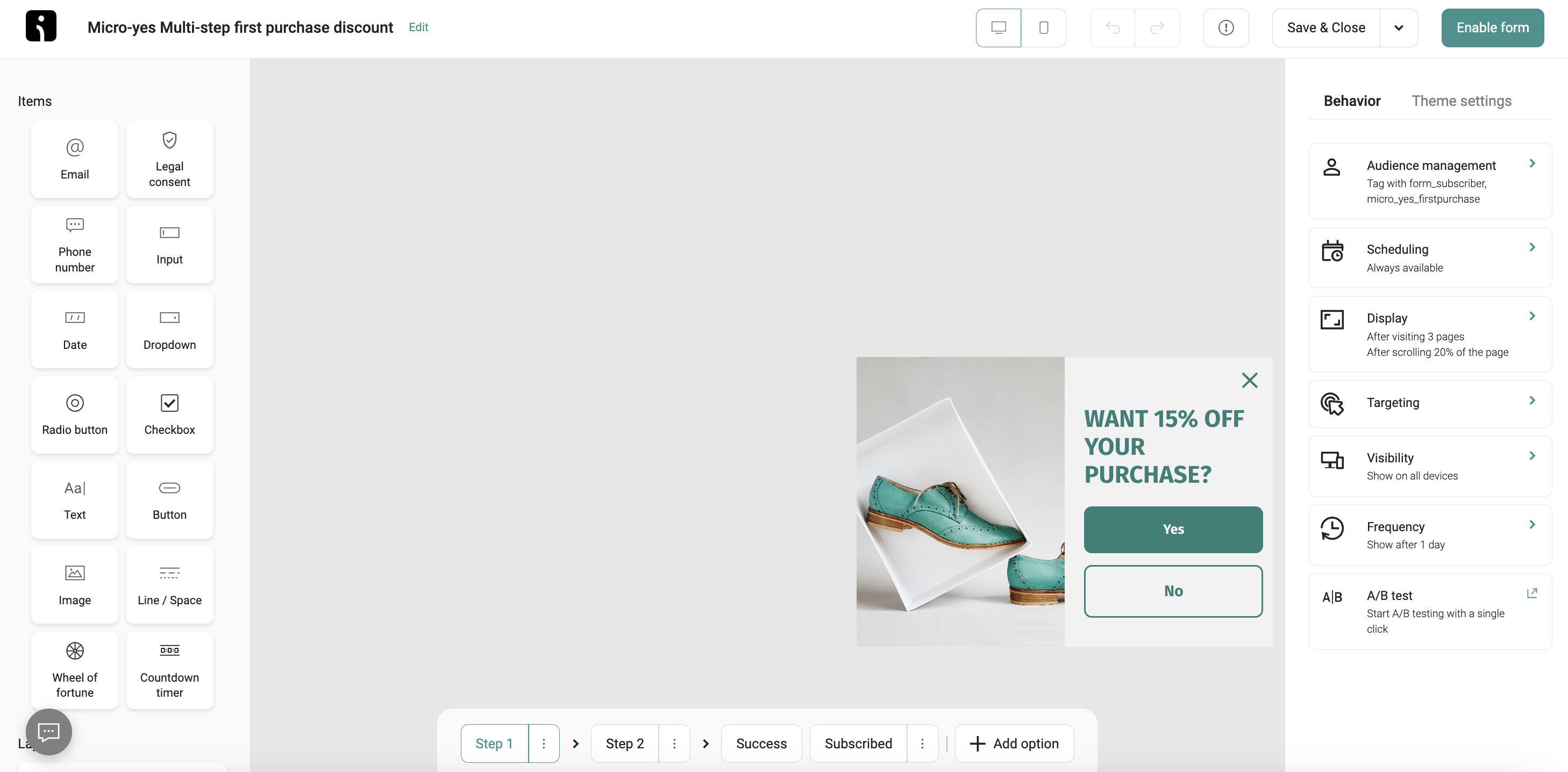 Local email marketing: A website interface displays a form builder with drag-and-drop elements on the left and form settings on the right. In the center, a pop-up offers 15% off a purchase with Yes and No buttons and an image of green shoes.