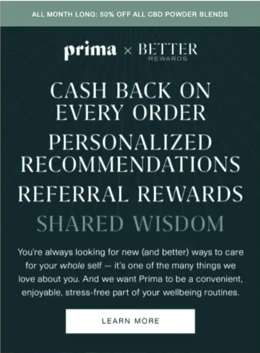 Referral emails: The VIP-exclusive referral email example from Prima tapping into the sentiment of the brand’s loyal segment