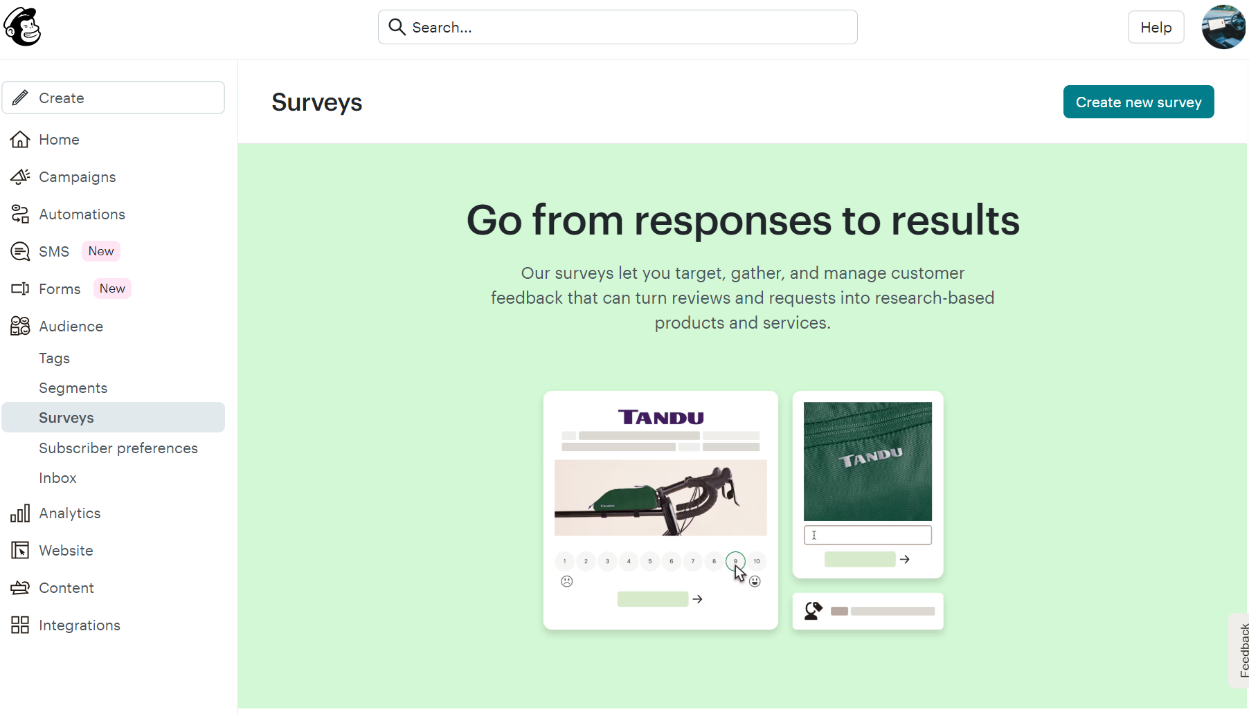 GetResponse alternatives: A dashboard screen shows the Surveys section on a website. The main area displays the text Go from responses to results above sample survey cards featuring images of a saw and a green fabric with the brand name TANDU.