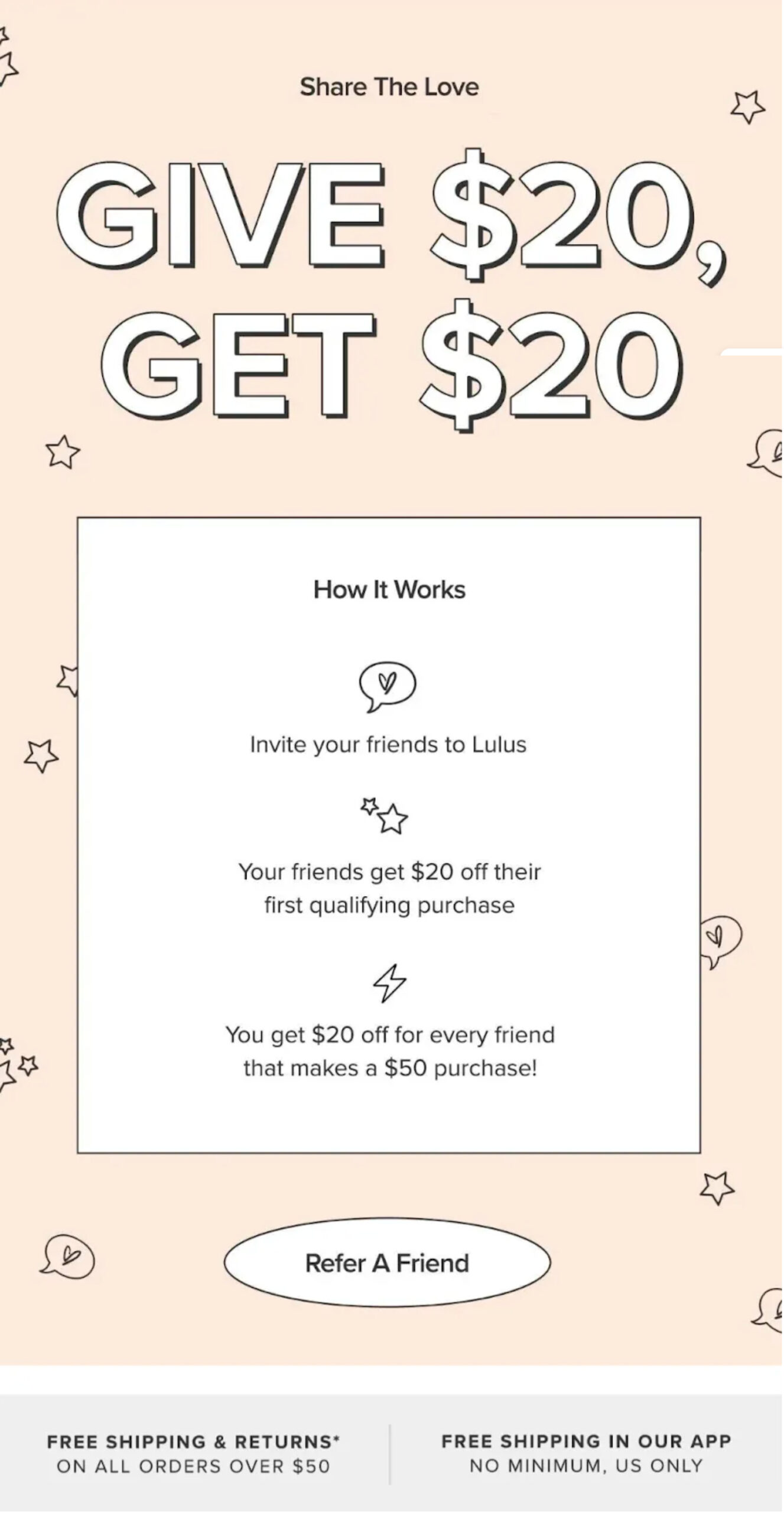 Referral emails: The minimalist referral email example from Lulus, focusing on minimal copy and design