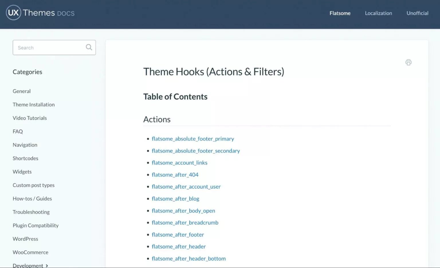 WooCommerce product image size: A website documentation page titled Theme Hooks (Actions & Filters) displays a table of contents with blue-linked actions such as flatsome_after_footer_primary, and a sidebar menu of categories on the left.