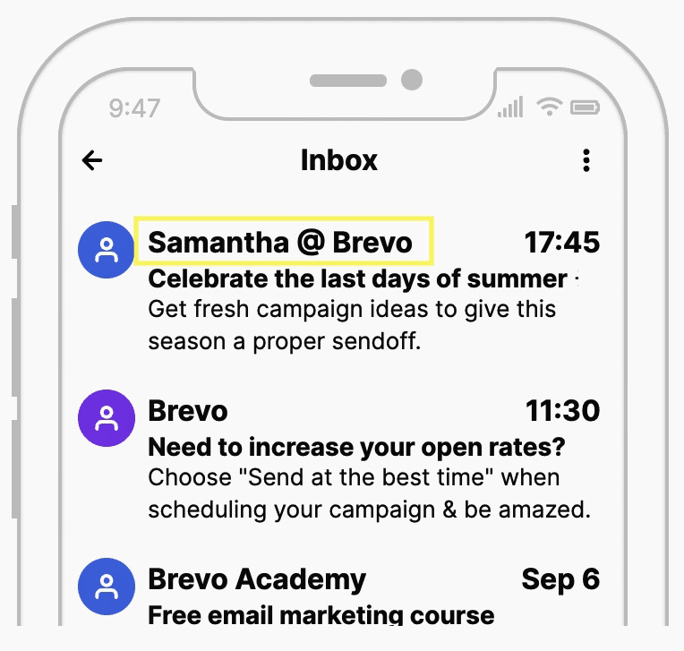 Email a/b testing: Screenshot of an email inbox on a smartphone showing preview lines of messages from Samantha @ Brevo, Brevo, and Brevo Academy, with the top email highlighted in yellow.
