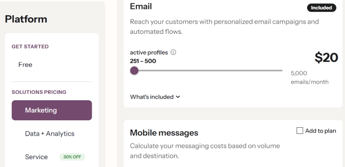 Drip alternatives: Platform pricing dashboard showing options for email and mobile messages. Email selected for 251-500 profiles at $20 for 5,000 emails/month. Marketing is highlighted under solutions pricing.