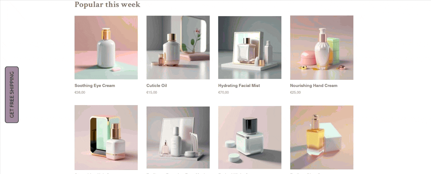 Popup timing: A grid of six skincare products, including creams, oils, and mists, each displayed with elegant bottles and containers on pastel-colored backgrounds. Labels show product names and prices under each image.
