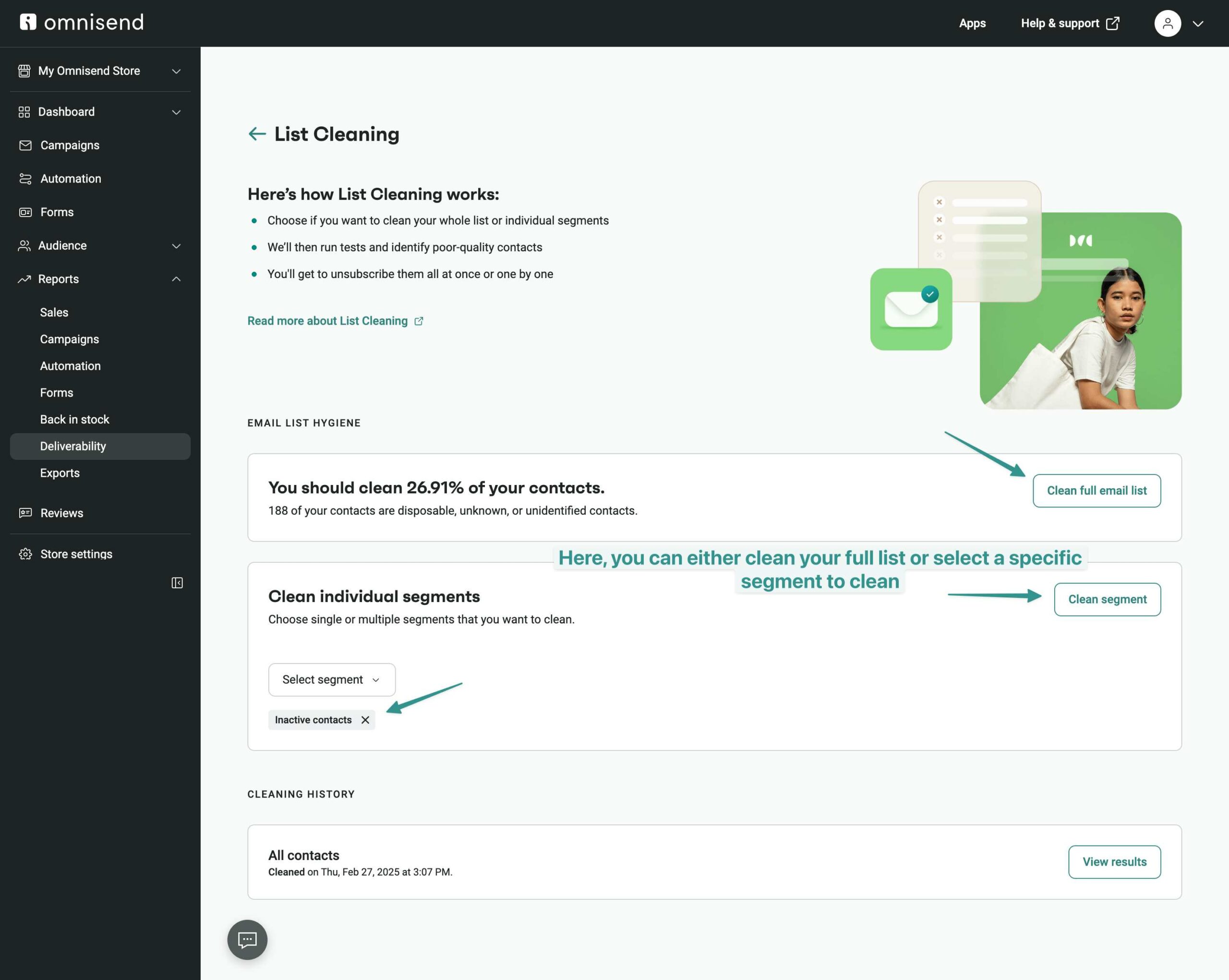 Email marketing mistakes: A screenshot of Omnisend’s “List Cleaning” page displays options to clean email lists, either the full list or specific segments, with arrows and text guiding users on how to make their selection.