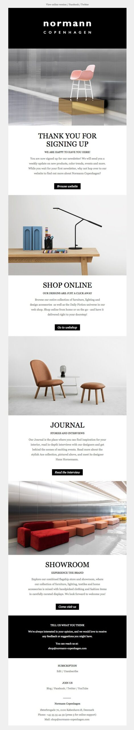 Thank you for subscribing: A modern email newsletter from Normann Copenhagen featuring minimalist furniture, product photos, and sections for signing up, shopping online, reading a journal, and visiting the showroom. The design uses clean lines and neutral colors.