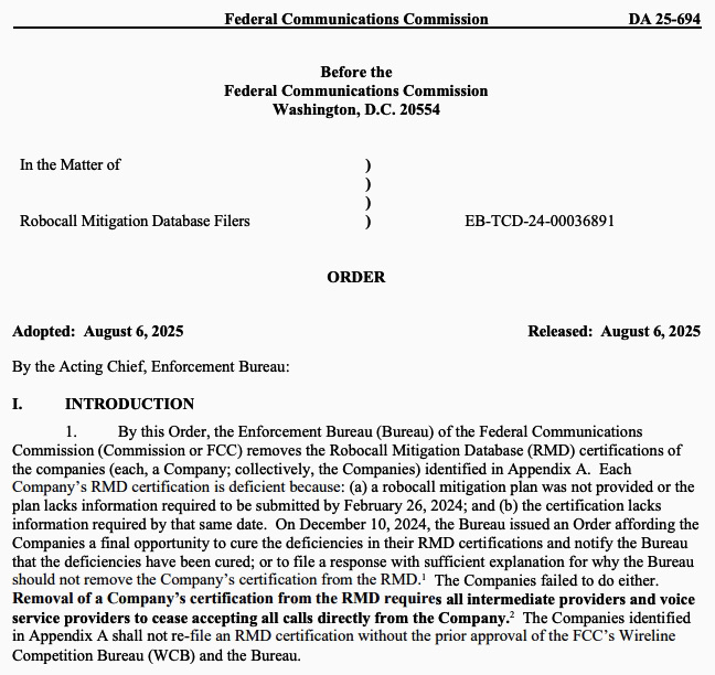 SMS regulations: Screenshot of an FCC order denying companies applications for robocall mitigation database certification, explaining deficiencies and outlining requirements for approval. Document dated June 6, 2025, with reference numbers and official heading.